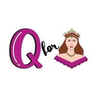 q para reina, letra q e ilustración vectorial reina, diseño alfabético para niños vector