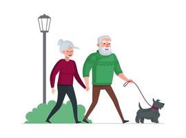 Elderly couple retired grandparents walking with dog at park. Old people spending time outdoor. Senior persons enjoying promenade with pet. Family leisure relationships. Vector eps illustration