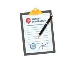 Travel insurance policy on clipboard with pen. Safe flight by plane and signed contract protection tourist life and property. Indemnification document in traveler trip accident. Safety journey icon vector