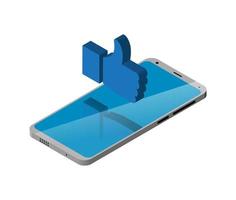 Smartphone screen with raised thumb hand. Like isometric design vector