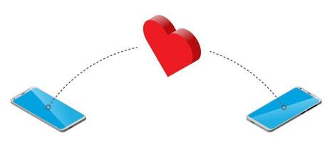 smartphone transfers heart icon to another smartphone. Isometry, white background. Sign of love