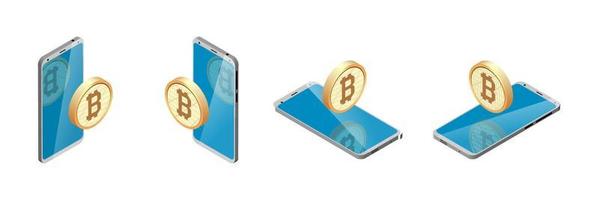 smartphone y bitcoin firman en círculo. isometría, conjunto. vista diferente, posición. moneda criptográfica. vector