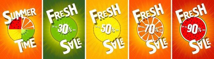 fresh sale. posters and backgrounds for shops. summertime. fruit background. kiwi, watermelon, orange, pineapple vector