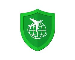 Airplane with globe on green shield. Travel insurance concept. Safe flight by plane badge concept. Jet trip protection symbol. Safety aircraft journey vector isolated eps sign