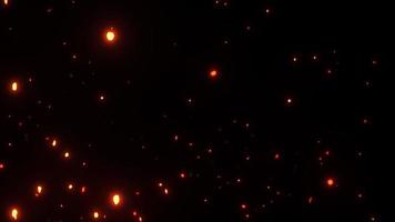las chispas de las partículas de fuego se elevan fluyendo de abajo hacia arriba sobre un fondo negro utilizado para la superposición de su proyecto. Animación 4k 3d de partículas de ceniza ardiente de brasas voladoras que brillan intensamente de color naranja ardiente. video