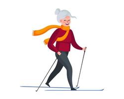 Older woman skiing. Elderly female winter activity. Old lady healthy lifestyle. Retired granny moving. Cheerful senior pensioner leisure. Active fun grandmother vector eps illustration