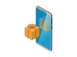 smartphone and gift box. isometry, white background. Congratulations on the holiday