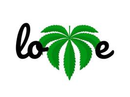 inscripción amor con hoja de cannabis en lugar de v vector