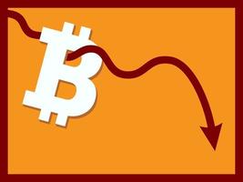 flecha de línea de tendencia bajista a través del signo de bitcoin sobre fondo de color naranja diseño de icono plano de vector de fondo de color