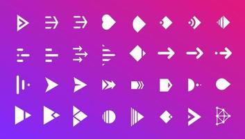 Swipe right button icon set. Application and social network scroll arrow pictogram for web design or app. Vector next direction white pointer ui interface element collection on gradient background