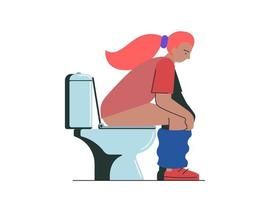 Thoughtful young woman pissing or pooping in WC. Girl sitting on toilet bowl in lavatory. Beautiful female person spending time in restroom. Vector flat eps illustration