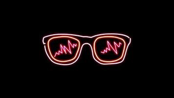 Animation orange neon light glasses shape on black background. video