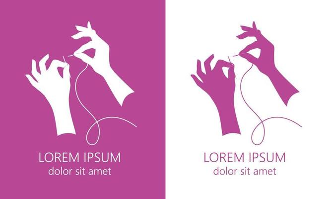 Needle and thread in hands on white and purple background. Vector options