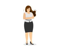 Attractive chubby businesswoman standing and sad. Unhappy obese business woman overweight plus size body. Curvy fat adult girl. Excess weight problems female. Vector isolated eps illustration