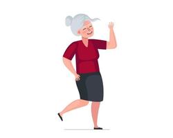Older woman fun dancing. Elderly female dancer. Old lady waving hands and legs. Retired granny moving to music. Cheerful senior pensioner dance leisure and relaxing. Active modern grandmother vector
