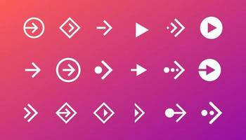 Swipe right button icon set. Application and social network scroll arrow pictogram for web design or app. Next direction white pointer ui interface element collection on gradient background. Vector