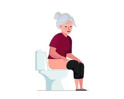 Elderly woman pissing or pooping in WC. Grandmother sitting on toilet bowl in lavatory. Old senior female person spending time in restroom. Vector eps illustration