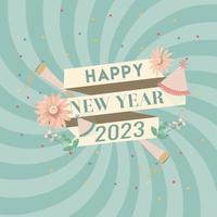 Happy New Year 2023 is combined with natural leaves and flowers on a light green background vector