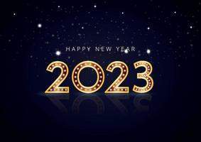 feliz año nuevo 2023 elegante texto dorado con luz. plantilla de texto minimalista vector