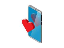 teléfono inteligente isométrico con símbolo de corazón de notificación 3d en pantalla. signo de amor reflejado en la pantalla. ilustración vectorial vector