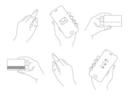 Graphic hand holds smartphone, credit card, points index finger. Line. human brush, set vector