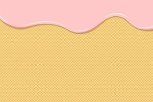 Pink ice cream or yogurt melt on waffle. Creamy or milk liquid drips flow on toasted crispy biscuits. Glazed wafer sweet cake texture. Vector eps background template for banner with space for text