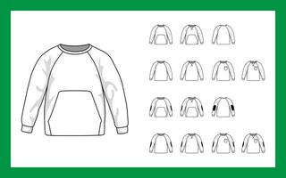 Vector template illustrations children sweatshirt with sleeves raglan cuffs pockets stripe on elbows