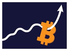 Uptrend line arrow through bitcoin sign on blue color background flat icon design vector