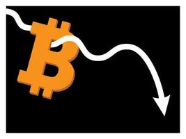 flecha de línea de tendencia bajista a través del signo de bitcoin en el diseño de icono plano de vector de fondo de color negro