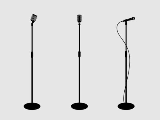 Three microphones on counter. light background. silhouette microphone. Music icon, mic. Flat design, vector.