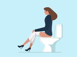 Thoughtful young woman pissing or pooping in WC. Girl sitting on toilet bowl in lavatory. Beautiful female person spending time in restroom. Vector eps illustration