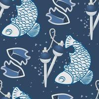 Seamless pattern with two fish, floats, with grunge texture. Monochrome image with fishing accessories and catch. Vector illustration.