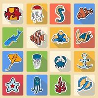 Set of colored icons, inhabitants of the underwater world. Fish, whale, jellyfish, sea horse, crab, sea turtle, star, anchor, octopus, seaweed flying fish Bright colored vector illustration