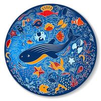 patrón circular azul brillante - placa. conchas, peces, animales de aguas profundas del mar y el océano. hermoso acuario marino. aislado sobre fondo blanco. ornamento. ilustración vectorial vector
