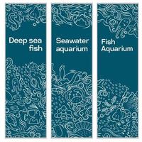 un conjunto de banners verticales. con adorno sobre un tema marino. las conchas, peces, animales de aguas profundas del mar y el océano un hermoso acuario marino. líneas artísticas. ilustración vectorial vector