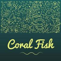 Marine sample of deep-sea fish, algae. Monochrome, frame for banners, advertising of marine products, aquariums. Yellow silhouettes on a green background. Place under the text. Vector illustration