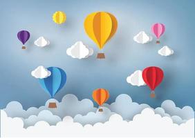 Ballon and Cloud in the  blue sky with paper art design , vector design element  and illustration