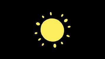 animación de tiempo soleado. sol amarillo sobre fondo negro, video 4k.