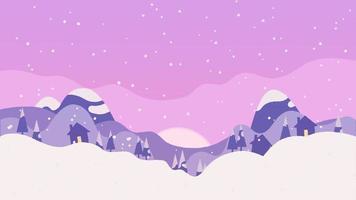 villaggio invernale di natale al tramonto, vacanze in montagna video 4k. grafica animata disegnata a mano del fumetto con spazio per il marchio del logo o testo, colori rosa.