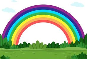 Color rainbow on the ground of green grass and bushes. Background with rainbow, grass, sky, clouds. Vector illustration in flat style.