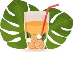 Summer cocktail with tropical leaves background. Glass with lemonade, mint leaves, citrus slice, ice cubes, straw. Vector illustration in flat style