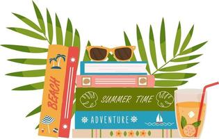 pila de libro con hojas tropicales y cóctel. libros de verano. lectura de verano. libros sobre verano, aventura, relax. ilustración vectorial en estilo plano para tiendas, tiendas, bibliotecas. vector