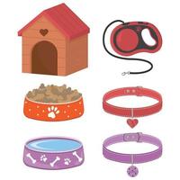 un conjunto de accesorios para perros y gatos, una caseta, cuencos con comida, correa y collares con medallón vector