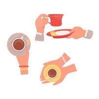 Set of hands holding cups with hot drinks. Vector illustration win flat cartoon style.