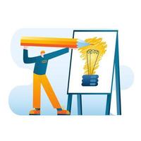 The young man visualizes his idea on the flip chart with a large pencil vector