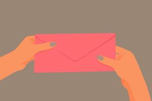 Women's hands hold a pink envelope. vector