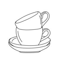 Ceramic cups and saucers in the doodle style. vector