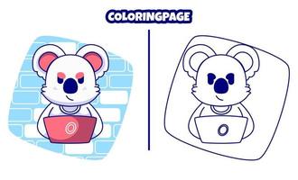 lindo koala con computadora portátil con páginas para colorear adecuadas para niños vector