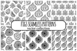 Figs set of seamless vector patterns. Tasty garden fruits whole, half, piece. Sketch of ripe berry with juicy pulp, seeds. Monochrome outline of mediterranean plant. Hand drawn black line art