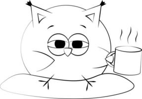 Cute cartoon Owl with pillow and coffee. Draw illustration in black and white vector